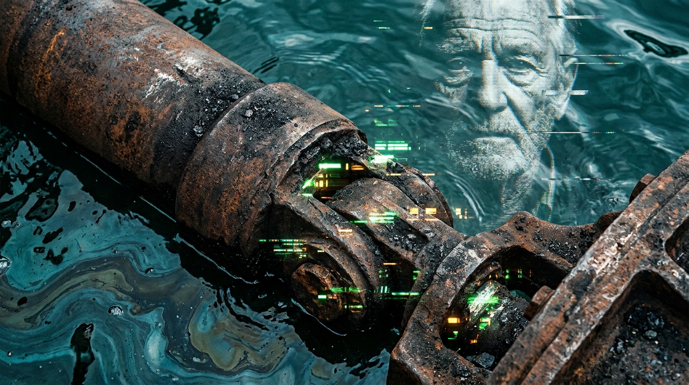 A macro close-up of a rusted hydraulic piston submerged in dark, oily water reflecting a distorted digital face with glowing circuitry accents.