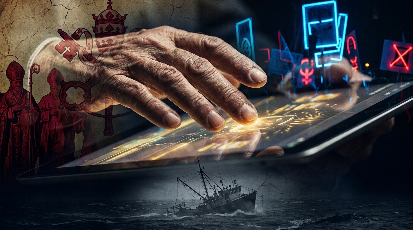 A macro editorial illustration of an elderly hand hovering over a digital screen, layered with religious symbols and the faint silhouette of a sinking ship.